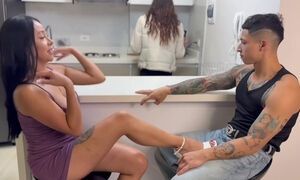 Husband fucks BFF in the kitchen and cums on shaved cunt