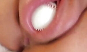 Baseball in pussy, stretching her big lips