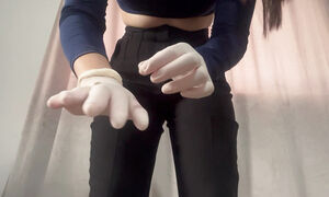 Indian stepsister dances in medical gloves and masturbates until orgasm