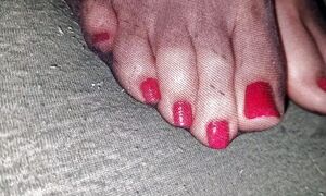 Cum on nylon red toenails...