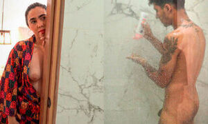 Big ass stepmom ends up fucking her skinny stepson after snooping on him in the shower