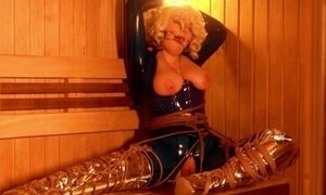 'Latex Rubber Catsuit and Rope Bondage: hot blonde MILF trying to escape and masturbate wet pussy'