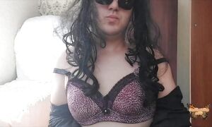 Crossdresser Kitty Leather Coat Sunglasses and Sexy Bra Natural bOObs Hot
