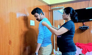 Hot Indian desi girls ladies tailor was measuring the boy seeing shop empty they had sex..