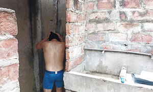 Unfaithful woman watches her neighbor bathing and gets in the shower to please him