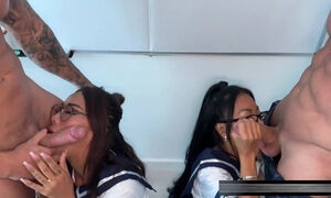 Curvy Asian MILFs in uniforms fucked at school