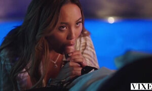 Curvy Asian bombshell juggles European dude's huge cock in surreal modes