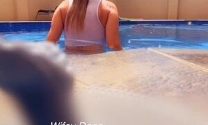 Amazing hot wife in Wet T-shirt in the hotel Pool  Risky public exhibitionist