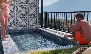 'Sexy blonde in bikini sucks cock and fucks outdoors by the pool'