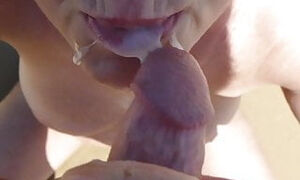 Blowjob cum in mouth, drip on tits