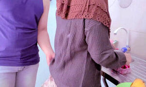 Budhe cooking harassed by naughty stepbrother