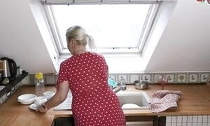 German blonde chubby teen fucks in kitchen