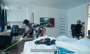 Classy brunette with skinny build facesits her stepon and cums