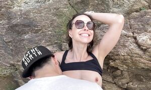 Public double creampie from husband and his friend while hiking