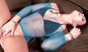 Hot brunette in sexy fishnet top gets to taste cock in all positions
