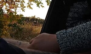 my wife jerks off my dick in the car in nature close up