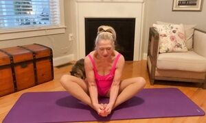 "65 Year Old Granny Does Yoga For Younger men fitness class "