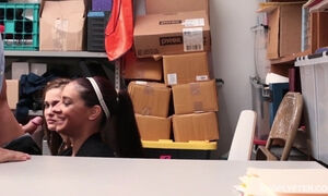 Cute Brunette Teen Shoplifter & Her Sexy Slim Stepmom Please a Perv Cop With Hot Sex To Avoid Arrest