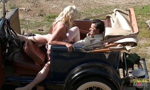 Criminals have fun during an outdoors group sex session with the blonde and brunette milfs with big boobs