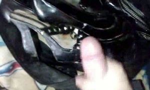 Masturbating on my wife's girlfriend's black high heels shoes