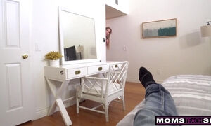 Blonde stepmom Jordan, teaches him what a good time in bed is