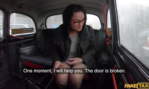 Hot brunette in black stocking feels horny and asks to stop the car just to ride her driver's cock