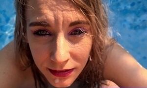 'Blonde slut giving a sloppy blowjob in the pool and takes a big load in her mouth 4K cum in mouth'